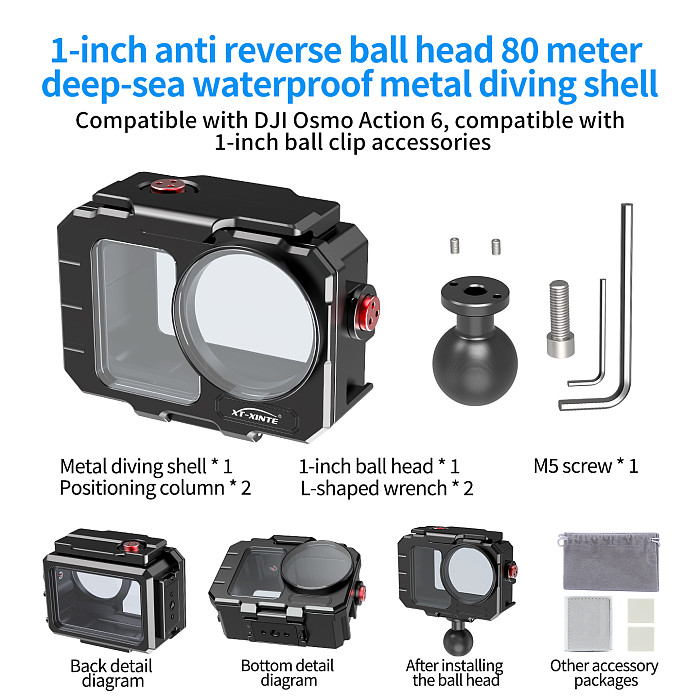 XT-XINTE High Transmittance Tempered Glass Dive Waterproof Protective Case 80m Deep Sea Diving Case for DJI Osmo Action 6 Action Camera