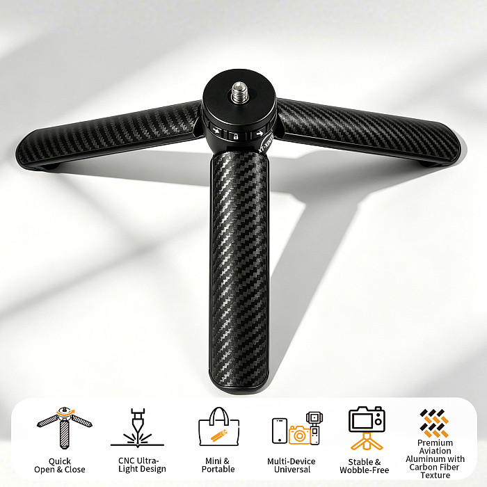 XT-XINTE Aluminum Alloy Quick Release Mini Tripod Portable Desktop Stand Handheld Selfie Bracket for Camera Smartphone for GoPro Insta360 X5 X6 Pocket 4 3 DJI OSMO 360 II with 1/4 Inch Screw Mount