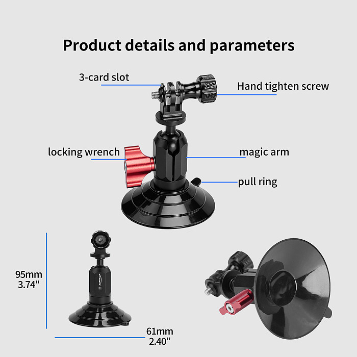 XT-XINTE Aluminum Alloy Universal Pea Clip to 3-Head Vacuum Suction Cup, Rotatable Extension Mount for Action Camera