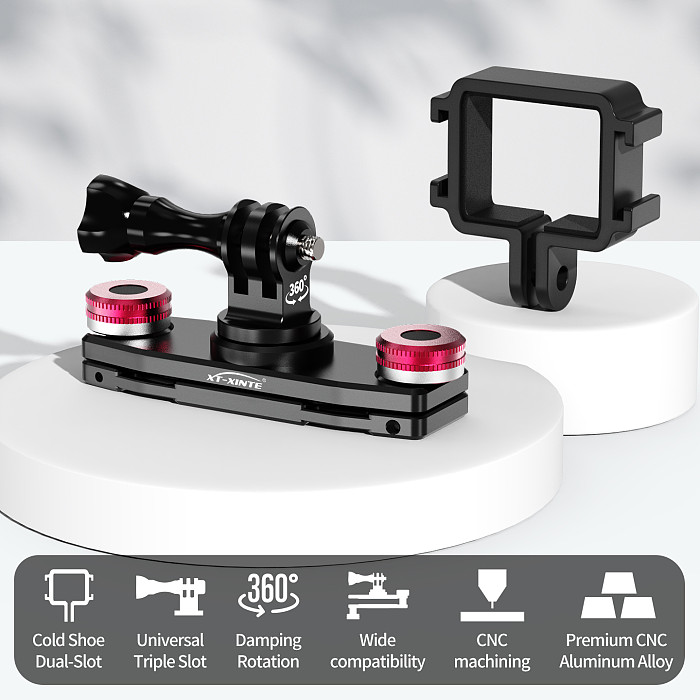 XT-XINTE Dual-Slot Expansion Frame & 3-Way Universal Shoulder Strap Clip Combo, 360° Damping Rotation Mount for DJI Osmo Pocket 3 / 4 Gimbal Camera
