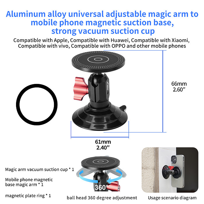 XT-XINTE Aluminum Alloy Universal Pea Clip to 3-Head Vacuum Suction Cup, Rotatable Extension Mount for Action Camera