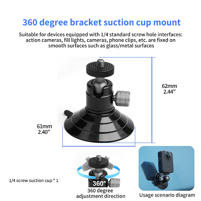 XT-XINTE Aluminum Alloy Universal Pea Clip to 3-Head Vacuum Suction Cup, Rotatable Extension Mount for Action Camera
