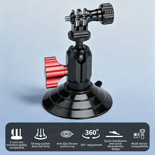 XT-XINTE Aluminum Alloy Universal Pea Clip to 3-Head Vacuum Suction Cup, Rotatable Extension Mount for Action Camera