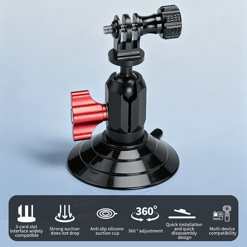 XT-XINTE Aluminum Alloy Universal Pea Clip to 3-Head Vacuum Suction Cup, Rotatable Extension Mount for Action Camera