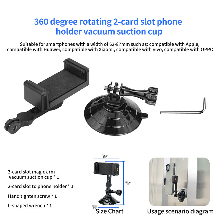 XT-XINTE Aluminum Alloy Universal Pea Clip to 3-Head Vacuum Suction Cup, Rotatable Extension Mount for Action Camera