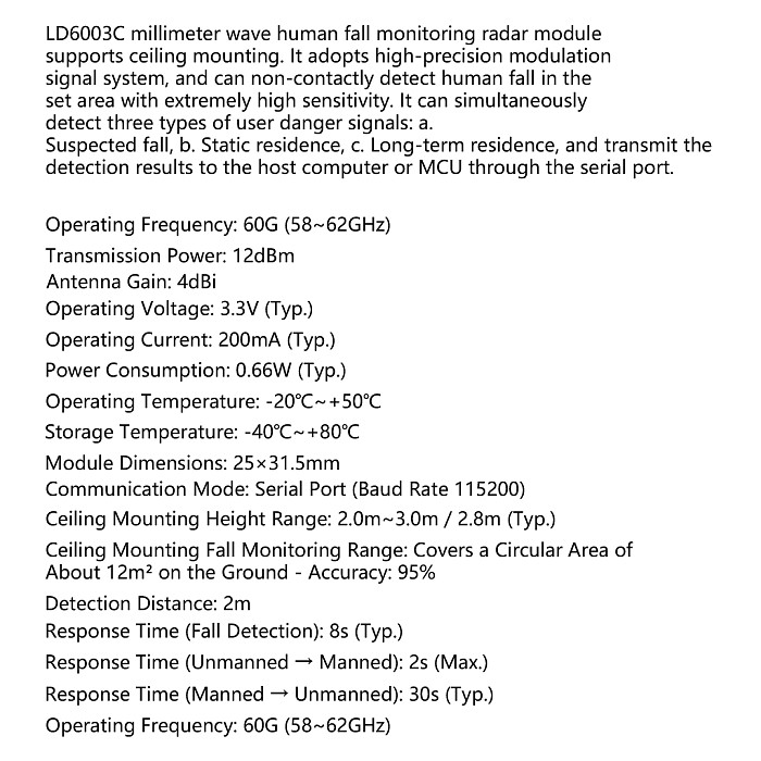HI-LINK LD6003C 60G Millimeter Wave Radar Module, Non-Contact Intelligent Human Fall Detection & Body Monitoring Sensor with UART Serial Communication for Elder Care Smart Home IoT