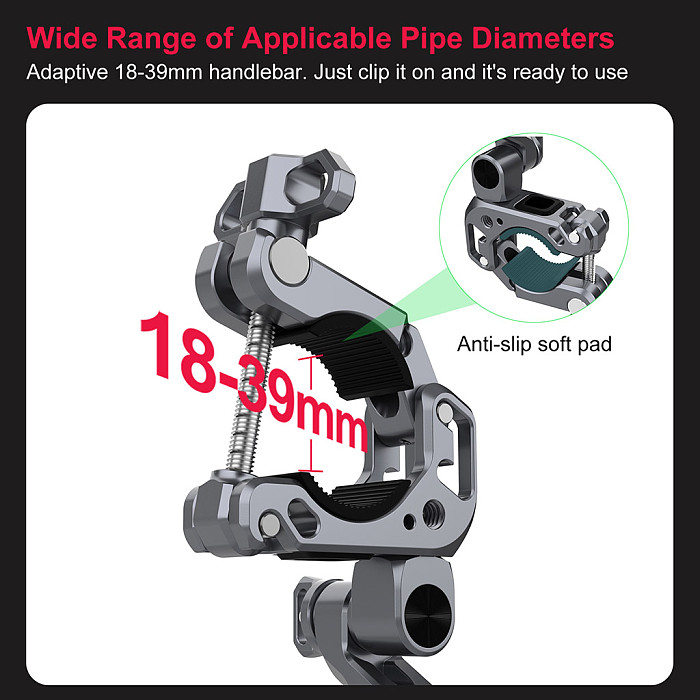 Aluminum Alloy Motorcycle Handlebar Clamp Mount for DJI Action & Insta360 Cameras