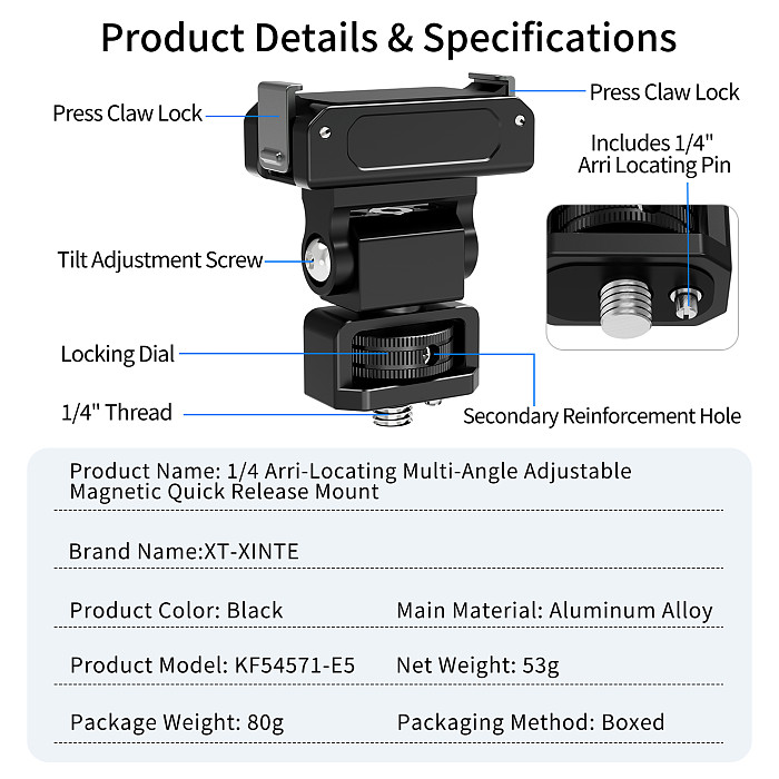 XT-XINTE Magnetic Quick Release Base Snail Mini Ball Head Adapter, Sports Camera Fast Disconnect Bracket Compatible with DJI Osmo Action 6 Nano, Camera Cage & Devices