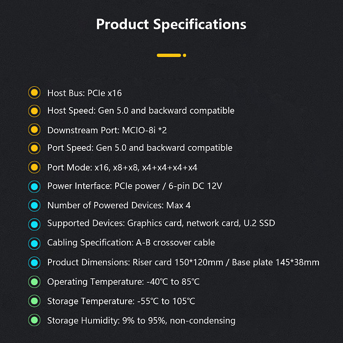 MCIO 8i PCIe 5.0 x8 Extension Cable & Bifurcation Adapter Card for Discrete GPU & Server