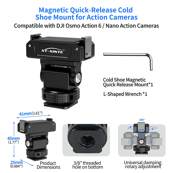 XT-XINTE Magnetic Quick Release Base Snail Mini Ball Head Adapter, Sports Camera Fast Disconnect Bracket Compatible with DJI Osmo Action 6 Nano, Camera Cage & Devices