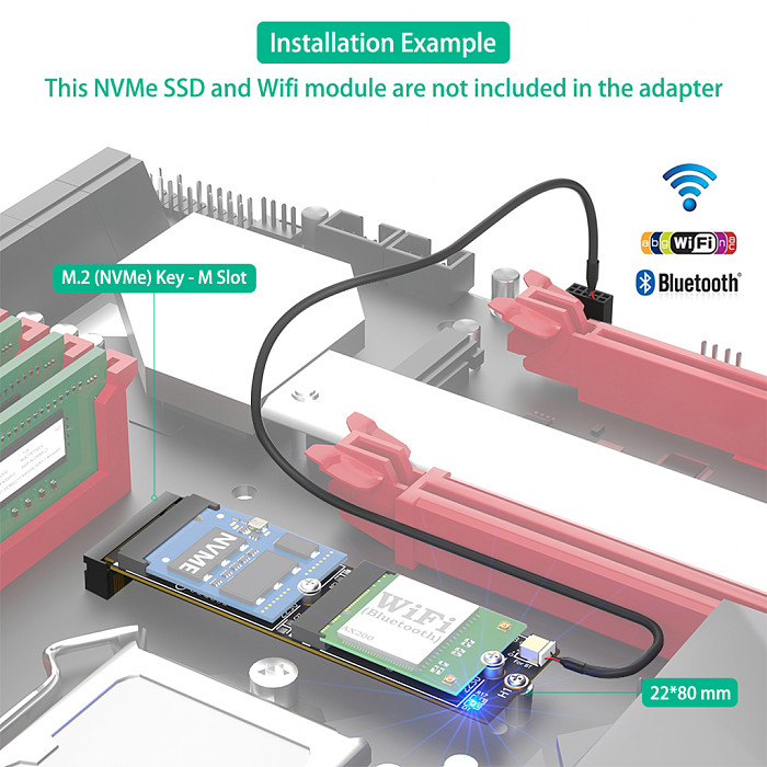 2-in-1 M.2 M-Key to NVMe SSD + A/E Key WiFi Bluetooth Adapter Card NGFF M2 Converter Card