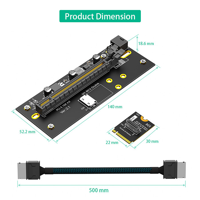 PCIe 4.0 x16 to M.2 NVMe Extension Cable with ATX 6PIN Power Supply, Right Angle 8612 M.2 Riser Cable for 2230 Size NVMe SSD