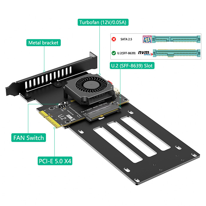 U.2 SFF-8639 to PCIe 4.0 x4 NVMe SSD Adapter Card with Cooling Fan, PCI-E X4 to U.2 SFF8639 Converter SSD Converter