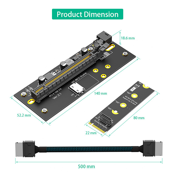 PCIe 4.0 x16 to M.2 NVMe Riser Extension Cable, Right Angle 8612, ATX 6PIN Power Supply, Compatible with 2280 Size M.2 NVMe SSD