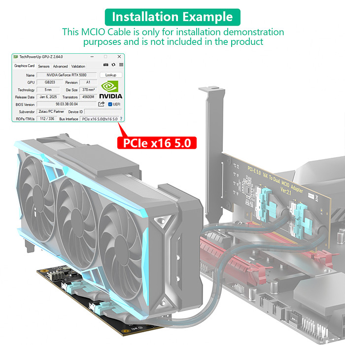 PCIe 5.0 x16 to Dual MCIO Port Adapter Card, PCI-E Gen5 X16 to Dual MCIO Connector Expansion Card for Server SSD Expansion