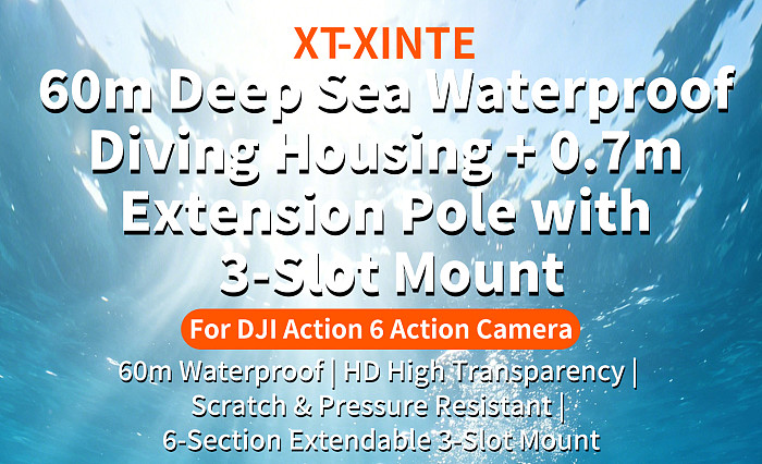 XT-XINTE Underwater Camera Protective Shell, 60m Diving Waterproof Case with 0.7m Three-Claw Extension Rod for DJI Osmo Action 6