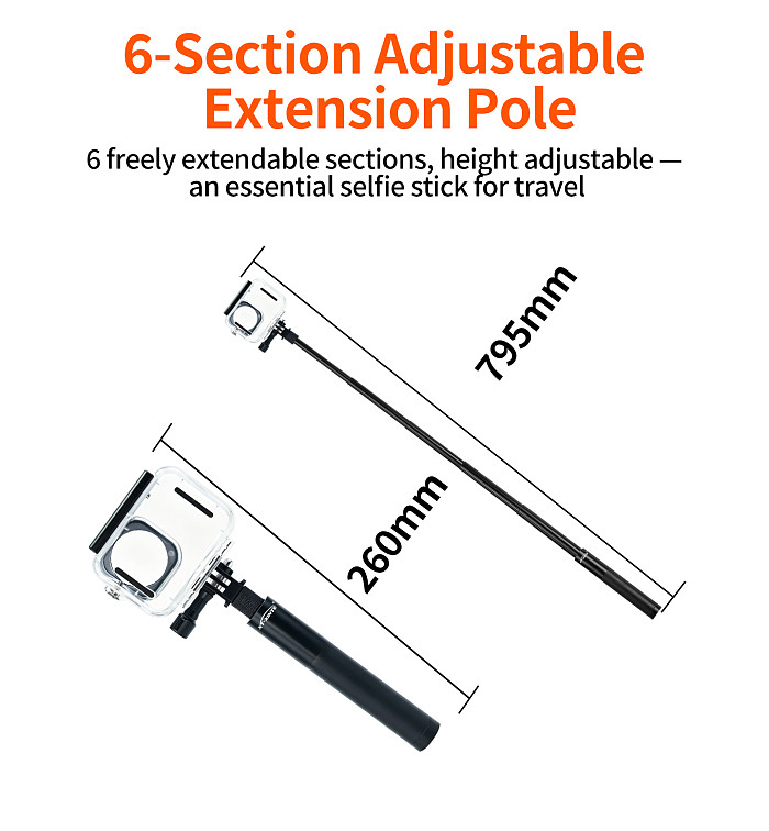 XT-XINTE Underwater Camera Protective Shell, 60m Diving Waterproof Case with 0.7m Three-Claw Extension Rod for DJI Osmo Action 6