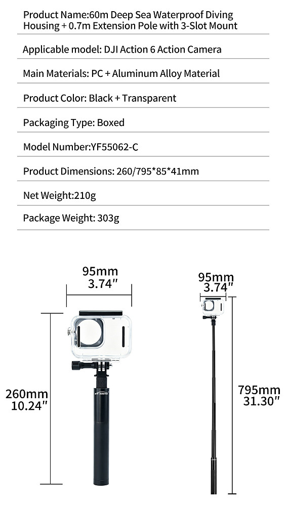 XT-XINTE Underwater Camera Protective Shell, 60m Diving Waterproof Case with 0.7m Three-Claw Extension Rod for DJI Osmo Action 6