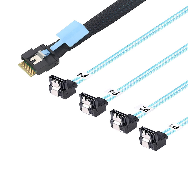 PCIe Slimline SAS SFF-8654 4i 38Pin to 4 SATA 90° Angled Cable Assembly, Polarized Anti-Misplug Server Harness