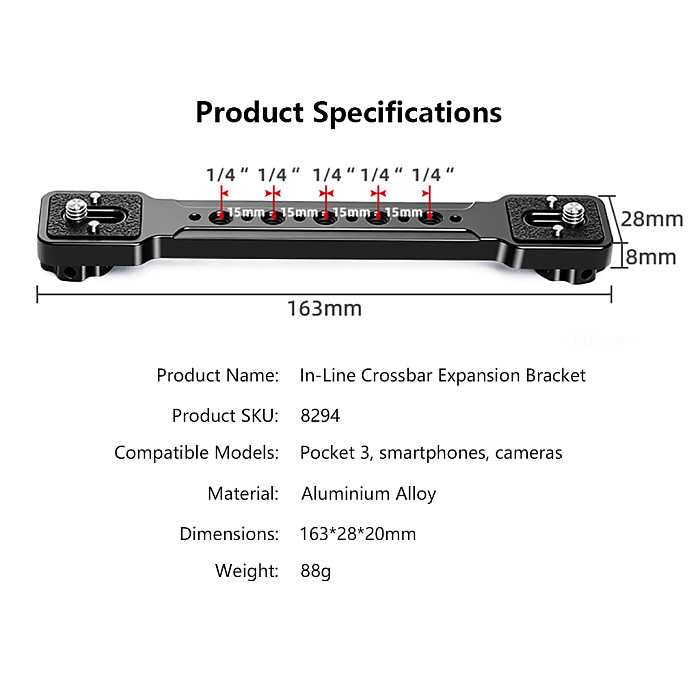 Metal Horizontal Cross Bar with Arri Locating Bracket, Dual Position Handheld Support Fit for DJI Pocket 3, Smartphone, DSLR & Mirrorless Cameras