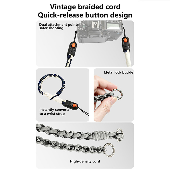 Vintage Braided Camera Strap Quick Release Buckle, Adjustable Extended Crossbody Neck Strap, Detachable Wrist Lanyard for Mirrorless & DSLR Cameras