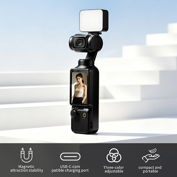 XT-XINTE Magnetic Fill Light for DJI Osmo Pocket 3 Pocket 4, Portable Vlog Video Light Brightness Levels Adjustable, Type-C Fast Charging Mini Pocket Camera Lighting Accessory