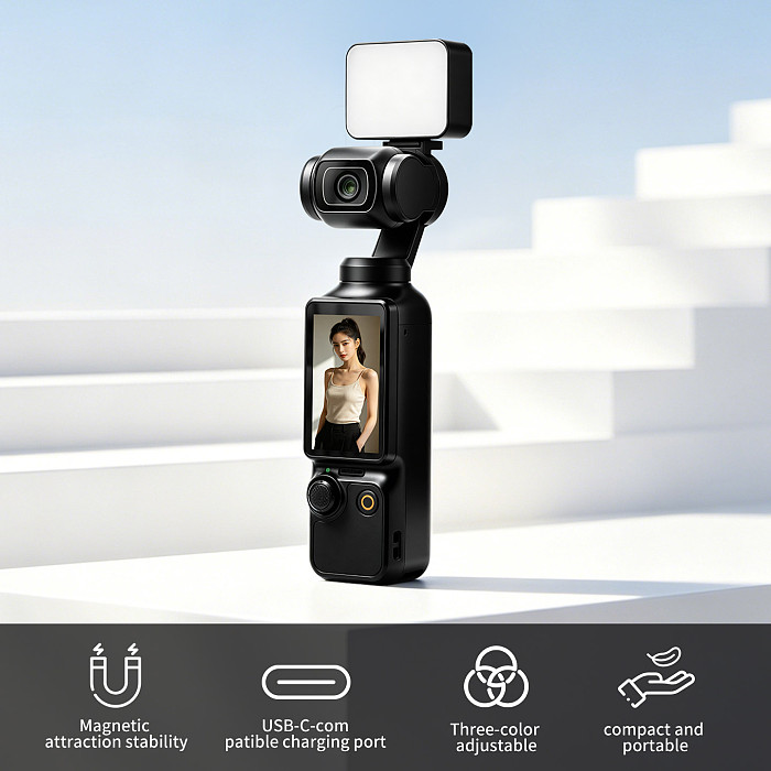 XT-XINTE Magnetic Fill Light for DJI Osmo Pocket 3 Pocket 4, Portable Vlog Video Light Brightness Levels Adjustable, Type-C Fast Charging Mini Pocket Camera Lighting Accessory