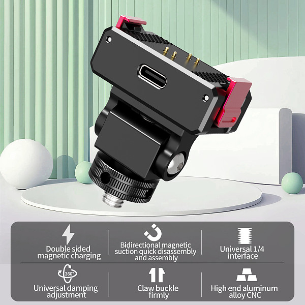 XT-XINTE Rechargeable 1/4 Screw Multi-Angle Adjustable Double-Sided Magnetic Quick Release Mount, Dual Side Magnetic Quick Detach Bracket for DJI Nano Action Camera