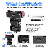 XT-XINTE Rechargeable 1/4 Screw Multi-Angle Adjustable Double-Sided Magnetic Quick Release Mount, Dual Side Magnetic Quick Detach Bracket for DJI Nano Action Camera