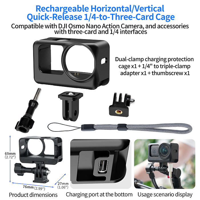 XT-XINTE Magnetic Protective Frame for DJI Osmo Nano, Dual Cold Shoe Camera Cage, USB-C Charging Vertical Horizontal Mount