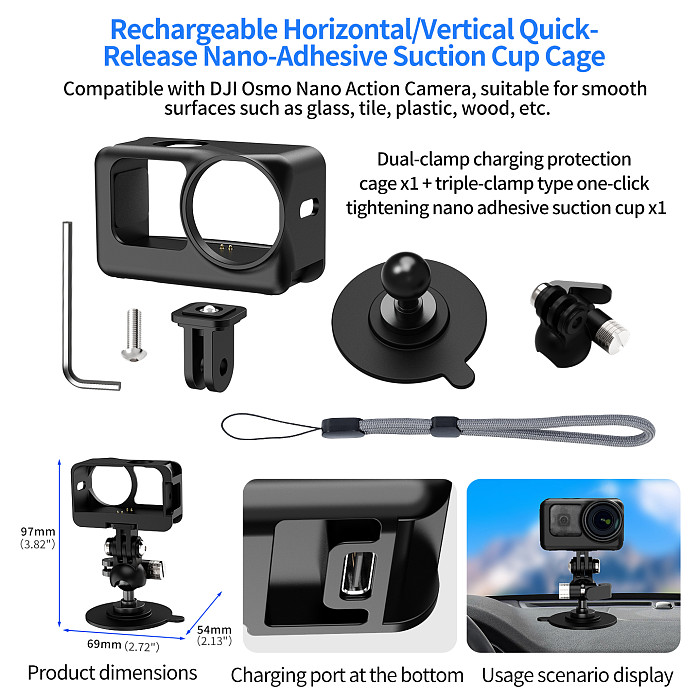 XT-XINTE Magnetic Protective Frame for DJI Osmo Nano, Dual Cold Shoe Camera Cage, USB-C Charging Vertical Horizontal Mount