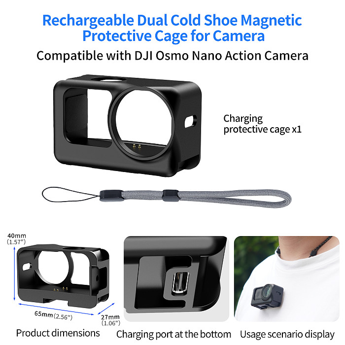 XT-XINTE Magnetic Protective Frame for DJI Osmo Nano, Dual Cold Shoe Camera Cage, USB-C Charging Vertical Horizontal Mount