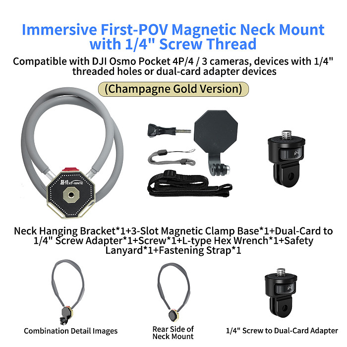 XT-XINTE Immersive Magnetic Neck Bracket & Extension Cage Kit Compatible with DJI Osmo Pocket 4/3, Hands-Free Vlog Neck Strap with  Silicone Neck Ring