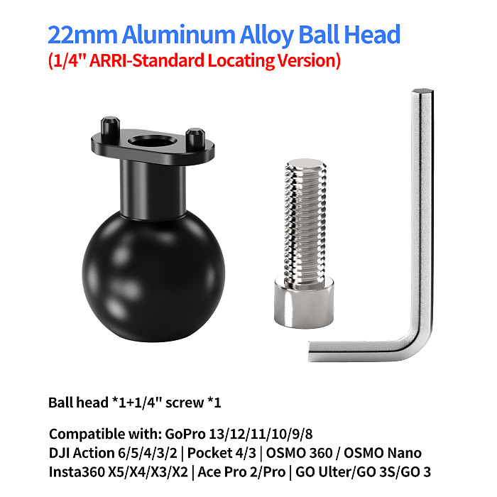 XT-XINTE Aluminum Alloy 22mm Ball Head  Mount with 1/4  Screw & Extension Port compatible with DJI Pocket 3/4 For GoPro FOR Insta360 X5 & Smartphone Clips