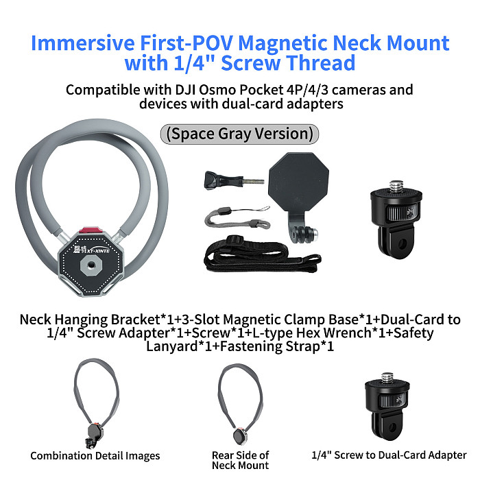 XT-XINTE Immersive Magnetic Neck Bracket & Extension Cage Kit Compatible with DJI Osmo Pocket 4/3, Hands-Free Vlog Neck Strap with  Silicone Neck Ring