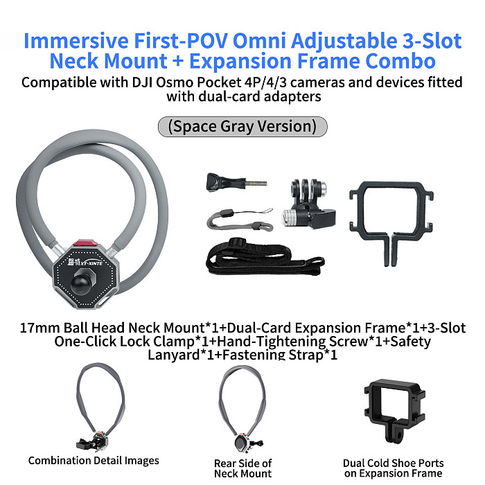 XT-XINTE Immersive Magnetic Neck Bracket & Extension Cage Kit Compatible with DJI Osmo Pocket 4/3, Hands-Free Vlog Neck Strap with  Silicone Neck Ring