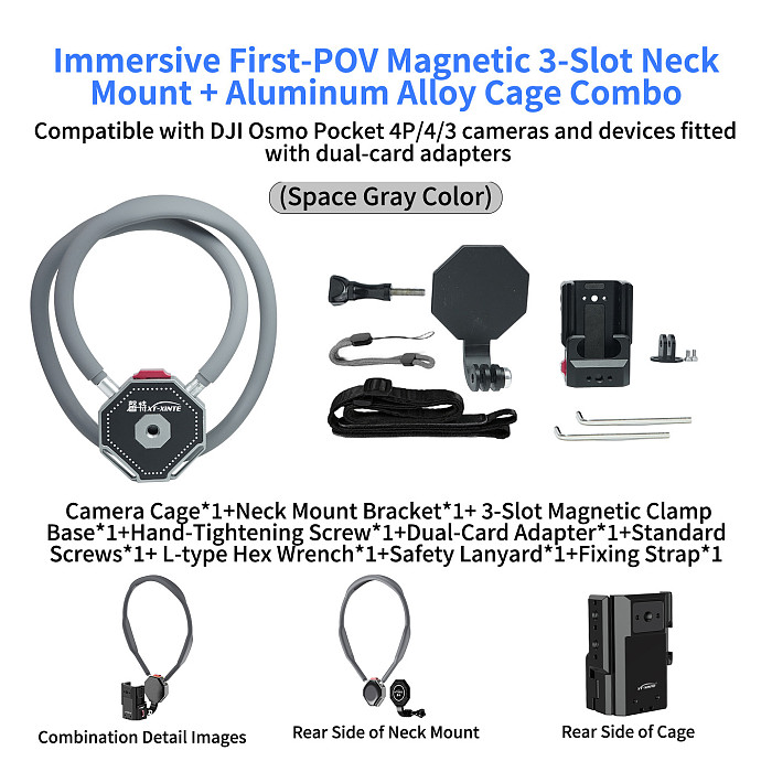 XT-XINTE Immersive Magnetic Neck Bracket & Extension Cage Kit Compatible with DJI Osmo Pocket 4/3, Hands-Free Vlog Neck Strap with  Silicone Neck Ring