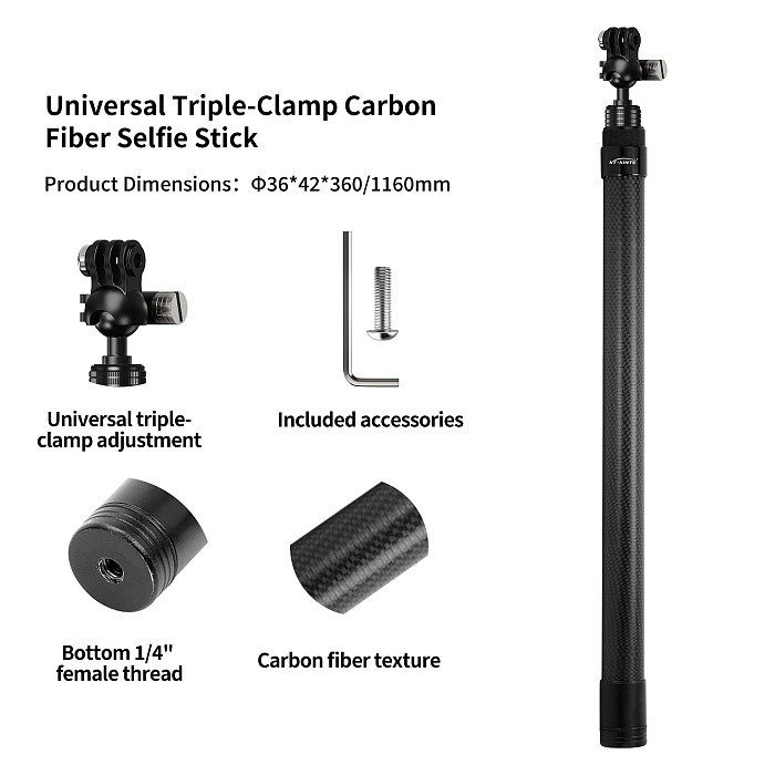 XT-XINTE 1/4 Screw Carbon Fiber Invisible Selfie Stick Extendable Pole For DJI Osmo 360 II/Insta360 X6 X5/GoPro 13/12/11 Action Cameras