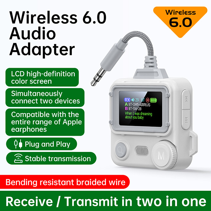 Bluetooth-compatible 6.0 Audio Adapter with HD Screen, Dual Link Transmitter Receiver, 3.5mm AUX Wireless Audio Converter for Car & Home