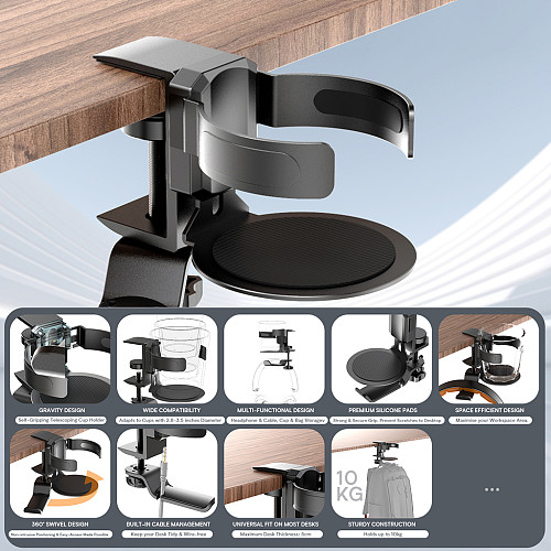 2-in-1 Aluminum Alloy Bracket For Headphone & Cup Holder, Desk Clamp & Wall Mount Organizer