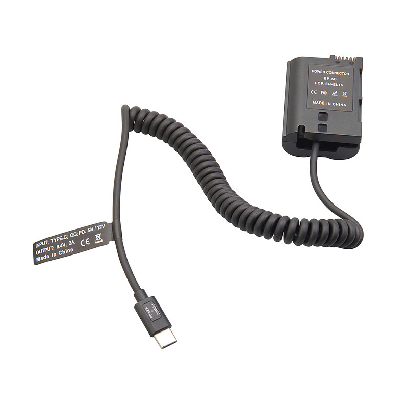 EN-EL15C EN-EL15 Type-C PD Dummy Battery 9V DC Power Supply Spring Cable for Nikon Z8 Z7II ZF Z6 Z5 D850 D750 Camera External USB-C Power Bank Adapter