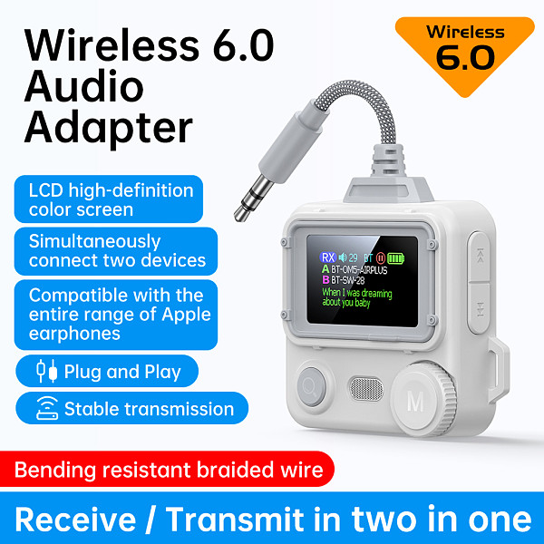 Bluetooth-compatible 6.0 Audio Adapter with HD Screen, Dual Link Transmitter Receiver, 3.5mm AUX Wireless Audio Converter for Car & Home
