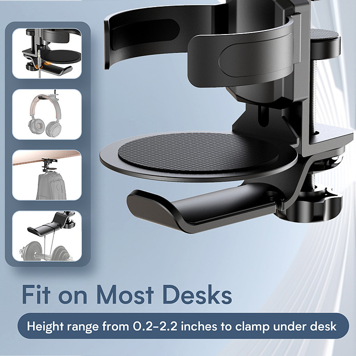 2-in-1 Aluminum Alloy Bracket For Headphone & Cup Holder, Desk Clamp & Wall Mount Organizer