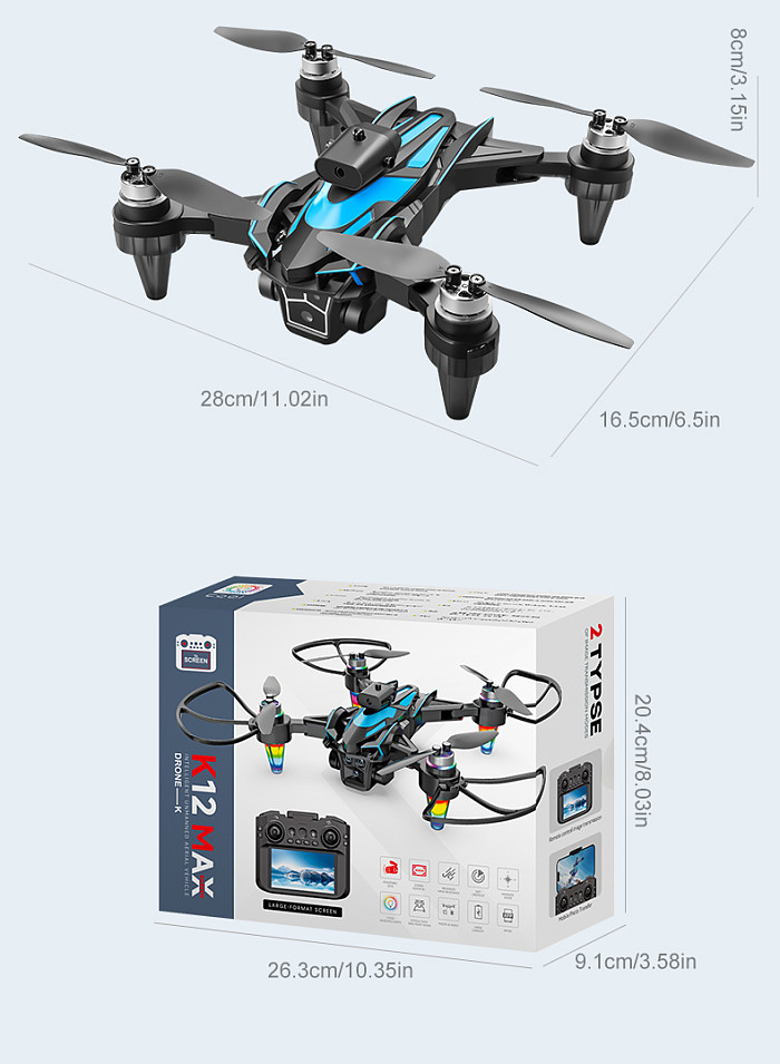 K12Max Brushless Obstacle Avoidance Drone with Screen Controller, HD Aerial Photography Quadcopter RC Airplane with Optical Flow Dual Lens & Lights
