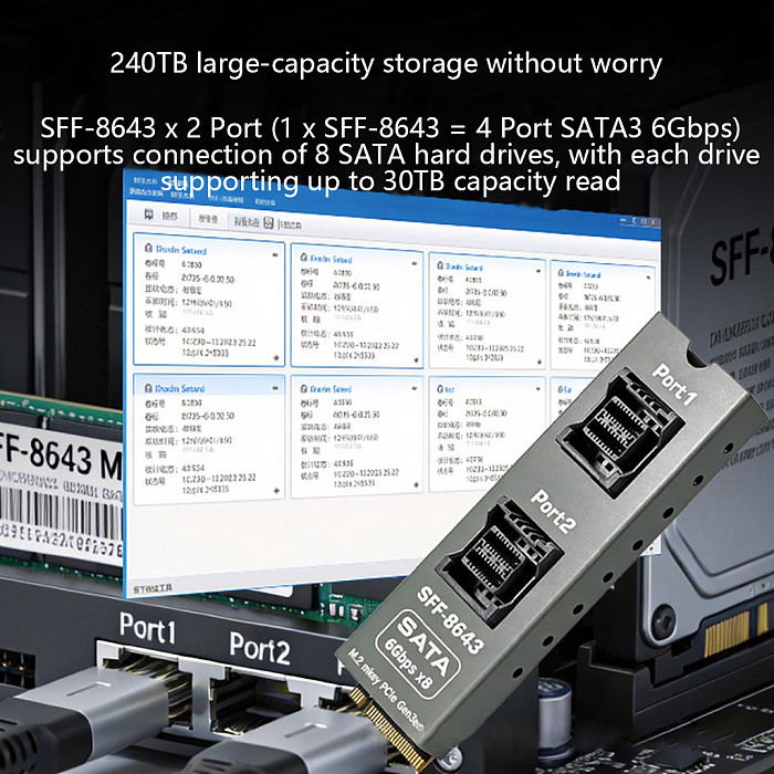 (PHDK) PH5183PLUS M.2 M-Key to 2x SFF-8643 Storage Expansion Card, 8-Port SATA 6Gbps HDD Controller Adapter for Desktop & Server