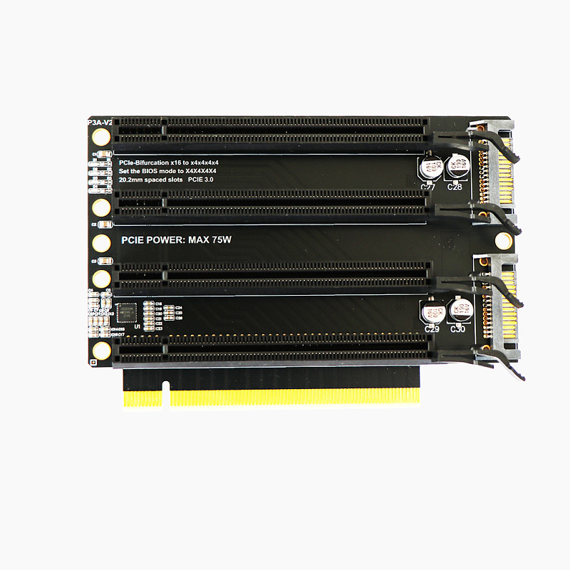 PCIe x16 to 4x PCIe x4 Splitter Adapter Card, PCIe 3.0 Clock Splitting Riser Extender, P3AV2 PCB Motherboard Expansion Card