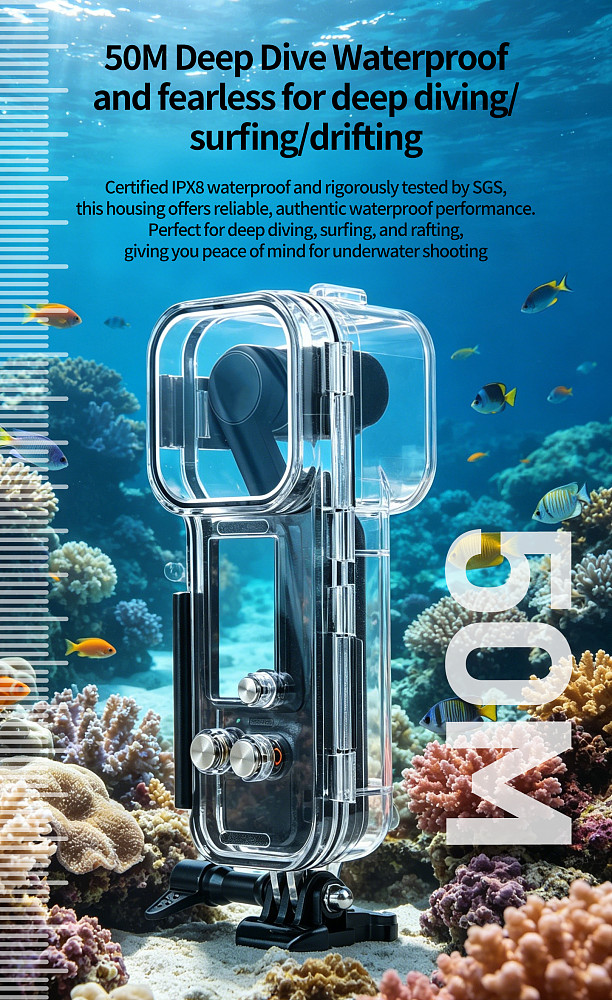 XT-XINTE Waterproof Diving Housing for DJI Pocket 3 & 4, 50M Deep Dive Protective Case with Cold Shoe & Dual Cold Shoe Mounts, Anti-Corrosion Shockproof Underwater Shell for Action Camera Accessories