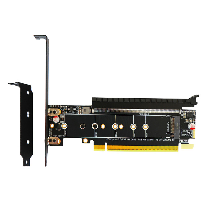 PCIe 5.0 Splitter Adapter Card x16 to x8 + Dual M.2 NVMe SSD, Gen 5 Bifurcation Riser Extender Supporting Graphics Card & Storage, Premium PCB
