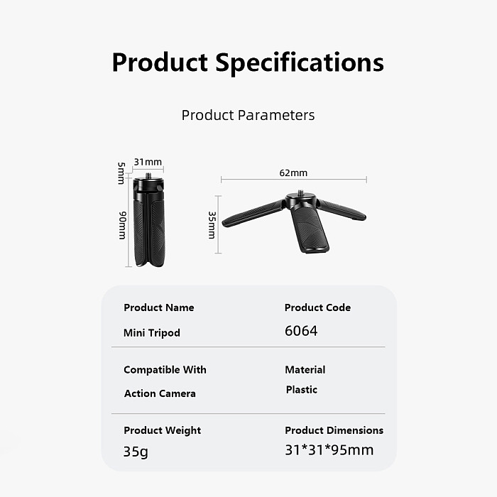 Plastic Mini Tripod & Handheld Selfie Stick for DJI Pocket 3/4 & Insta360 Luna, Desktop Stand Action Camera Mount