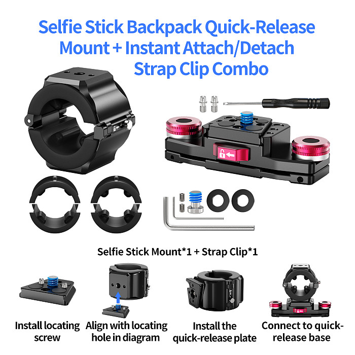 XT-XINTE Dual 1/4  ARRI-Standard Locating Quick Release Backpack & Waist Belt Mount, Replaceable Rubber Ring Selfie Stick Base for Insta360 Camare